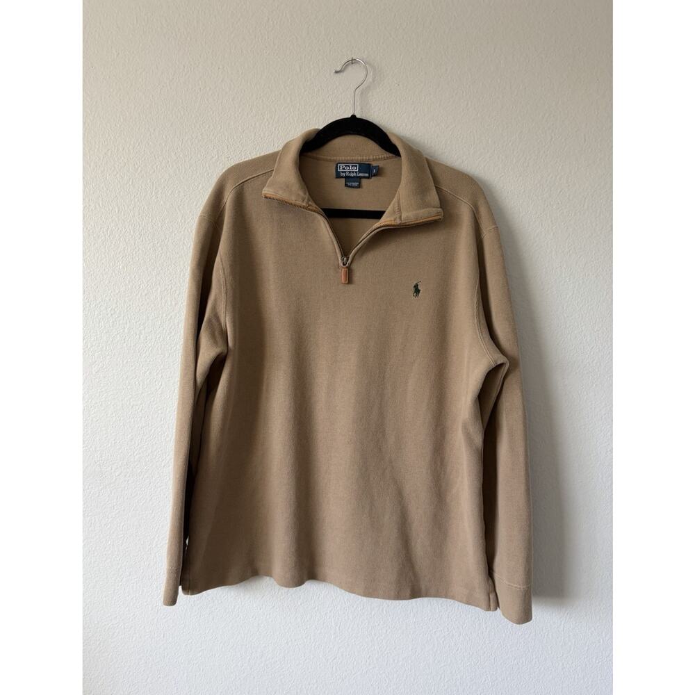 Polo Ralph Lauren Camel Cotton Knit 1/4 Zip Mock Neck Pullover Sweater Men's L